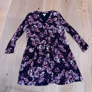 Garnet Hill Floral V-Neck Dress | Button-front | Drop-waist | Long Sleeve | M